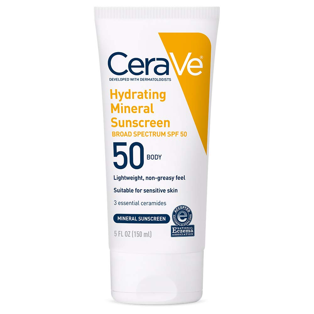 CeraVe 100% Mineral Sunscreen SPF 50, Face sunscreen With Zinc Oxide & Titanium Dioxide, Hyaluronic Acid + Niacinamide + Ceramides, Oil Free, Travel Size 2.5 oz