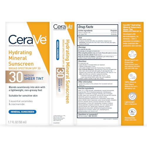 CeraVe Hydrating Mineral Sunscreen SPF 30 with Sheer Tint, Tinted Mineral Sunscreen