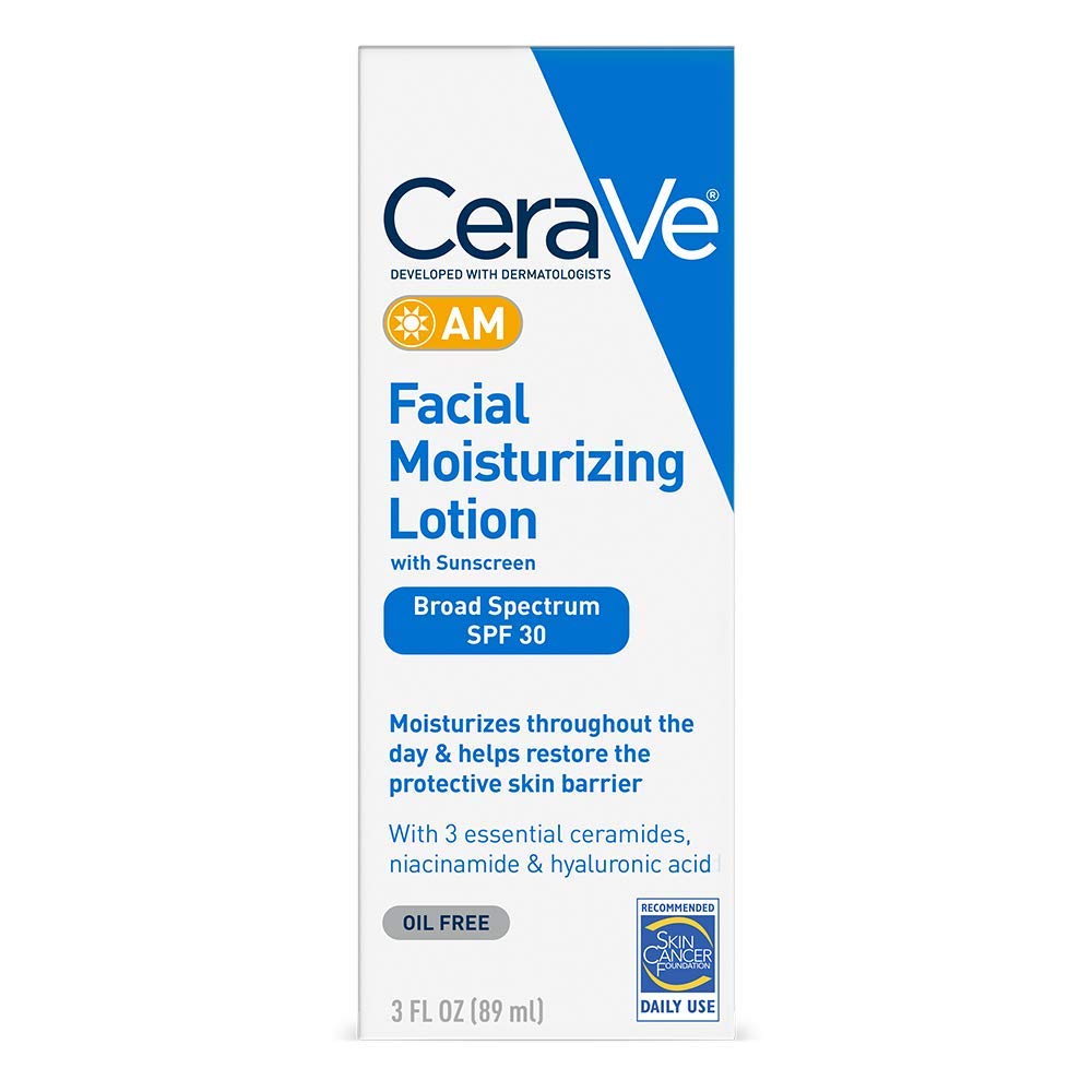CeraVe AM Facial Moisturizing Lotion with SPF 30, Oil-Free Face Moisturizer with SPF, Formulated with Hyaluronic Acid, Niacinamide & Ceramides, Non-Comedogenic, Broad Spectrum Sunscreen, 3 Ounce