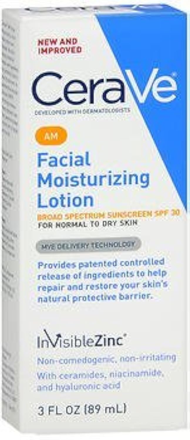 CeraVe AM Facial Moisturizing Lotion with SPF 30, Oil-Free Face Moisturizer with SPF, Formulated with Hyaluronic Acid, Niacinamide & Ceramides, Non-Comedogenic, Broad Spectrum Sunscreen, 3 Ounce