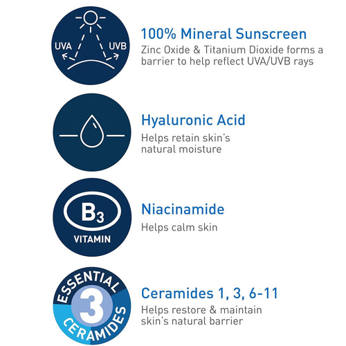 CeraVe 100% Mineral Sunscreen SPF 50, Face sunscreen With Zinc Oxide & Titanium Dioxide, Hyaluronic Acid + Niacinamide + Ceramides, Oil Free, Travel Size 2.5 oz
