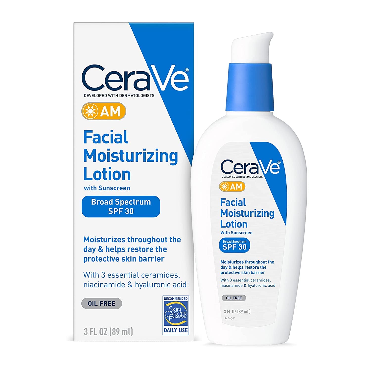CeraVe AM Facial Moisturizing Lotion with SPF 30, Oil-Free Face Moisturizer with SPF, Formulated with Hyaluronic Acid, Niacinamide & Ceramides, Non-Comedogenic, Broad Spectrum Sunscreen, 3 Ounce