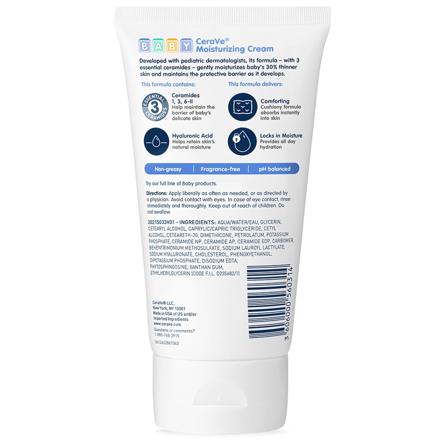 CeraVe Baby Cream, Gentle Moisturizing Cream with Hyaluronic Acid, Paraben, Phthalate, & Fragrance Free, 5 Ounce