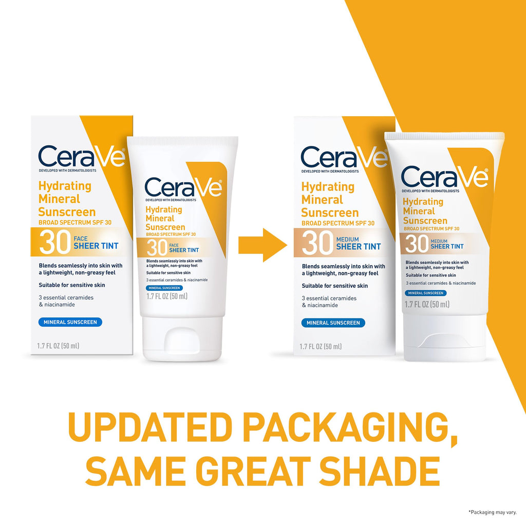CeraVe Hydrating Mineral Sunscreen SPF 30 with Sheer Tint, Tinted Mineral Sunscreen