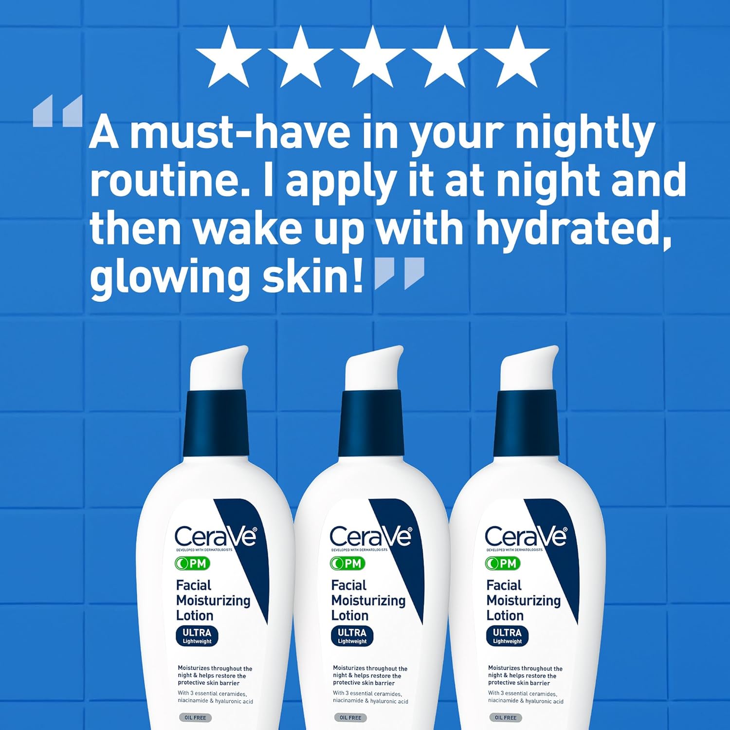 CeraVe PM Facial Moisturizing Lotion, Night Cream with Hyaluronic Acid and Niacinamide, Ultra-Lightweight, Oil-Free Moisturizer for Face, 3 Ounce