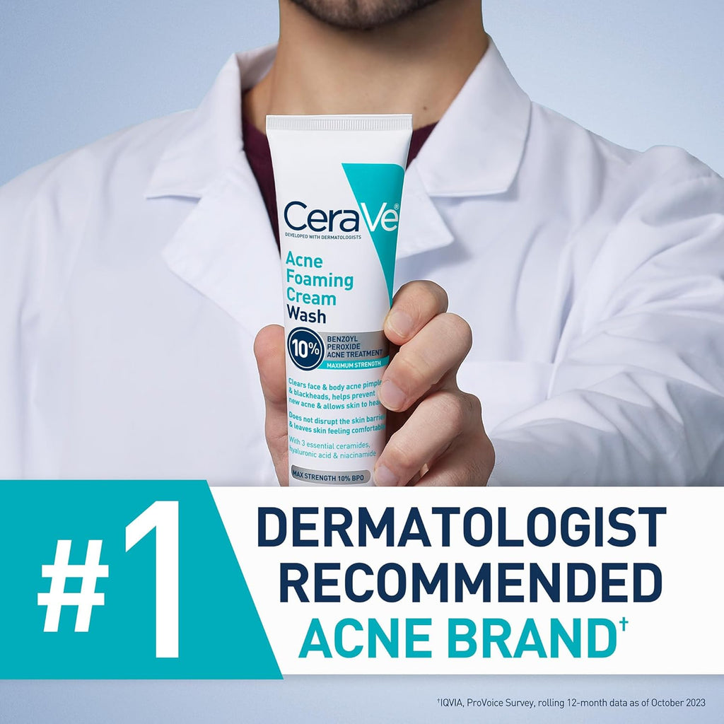 CeraVe Acne Foaming Cream Wash, Gentle Face and Body Cleanser with Benzoyl Peroxide 10%, Hyaluronic Acid, and Niacinamide, 10% Benzoyl Peroxide Treatment Clears Pimples and Blackheads 5 Oz
