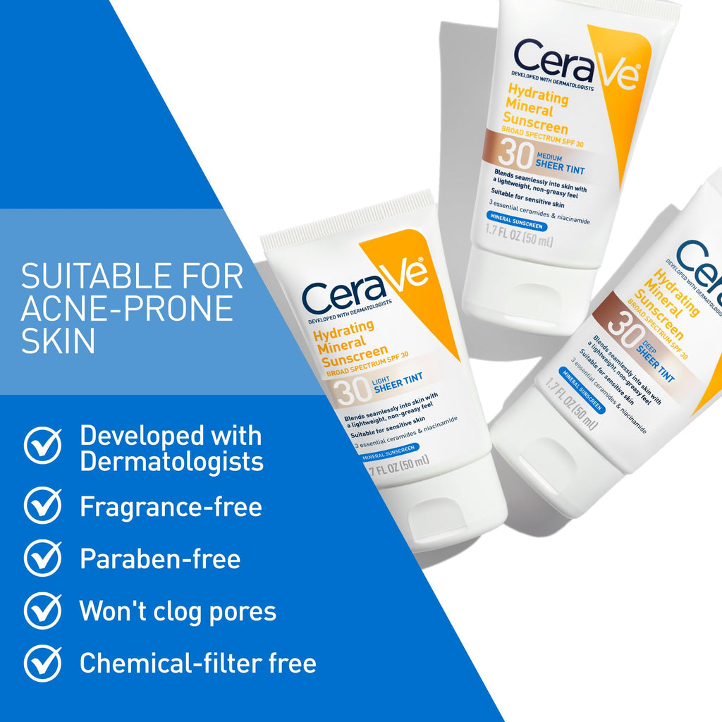 CeraVe Hydrating Mineral Sunscreen SPF 30 with Sheer Tint, Tinted Mineral Sunscreen