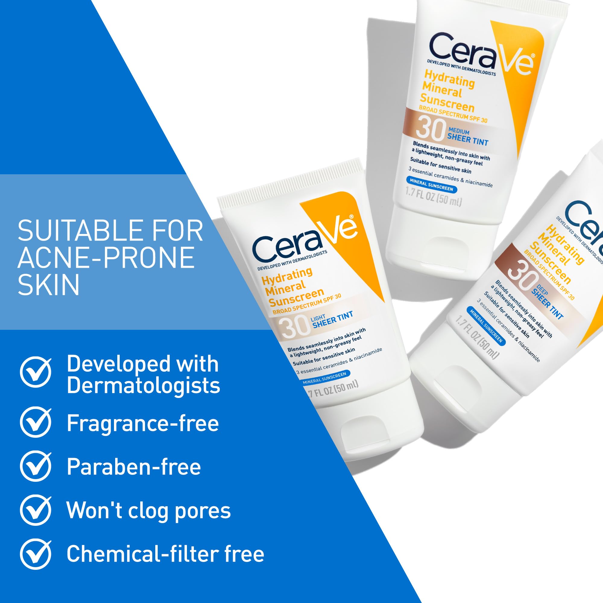 CeraVe Hydrating Mineral Sunscreen SPF 30 with Sheer Tint, Tinted Mineral Sunscreen