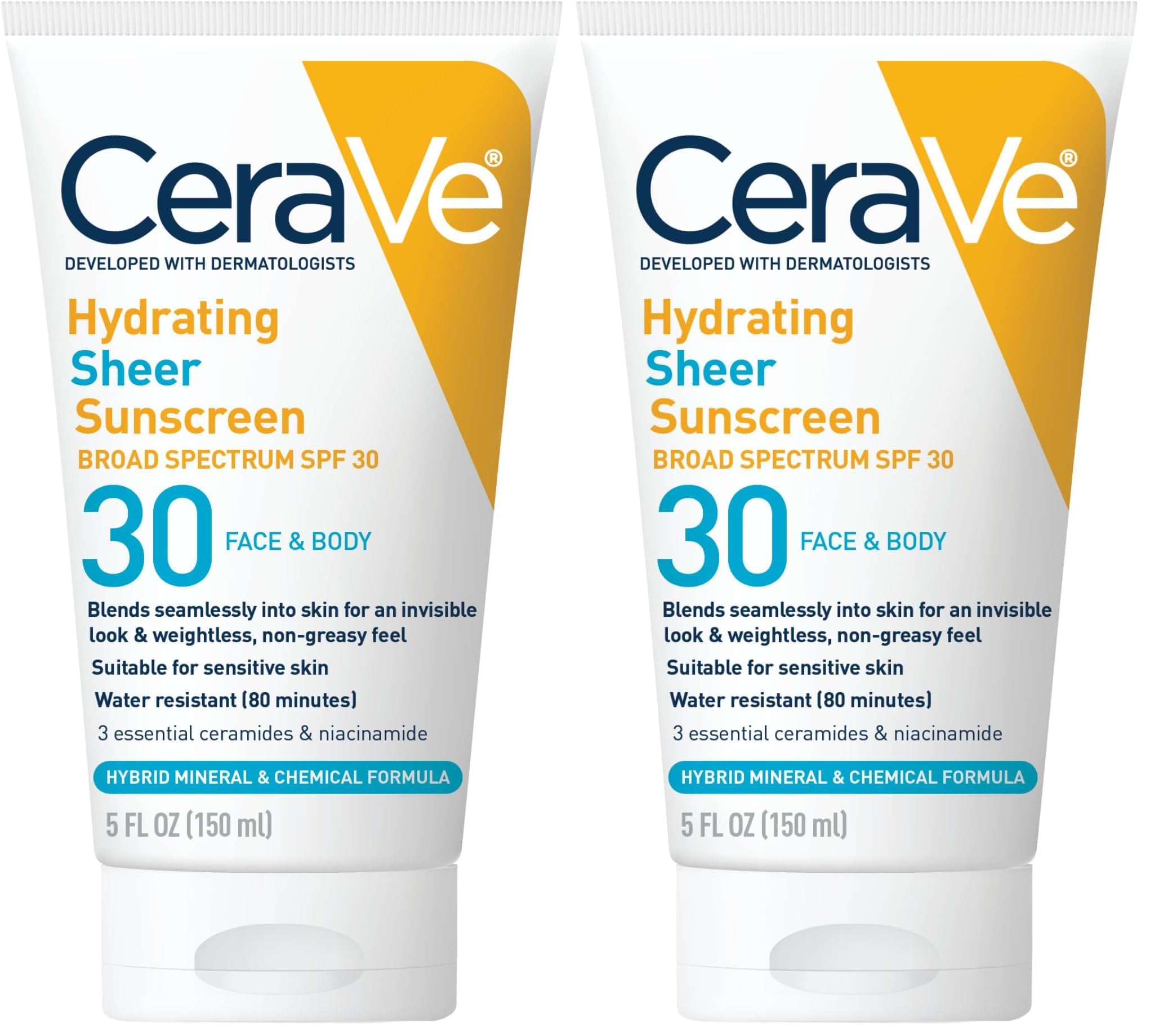 CeraVe Hydrating Sheer Sunscreen with SPF 30 for Face and Body, Mineral & Chemical Sunscreen for Men & Women with Zinc Oxide, Hyaluronic Acid and Ceramides, Paraben-Free + Fragrance-Free, 5 Ounces