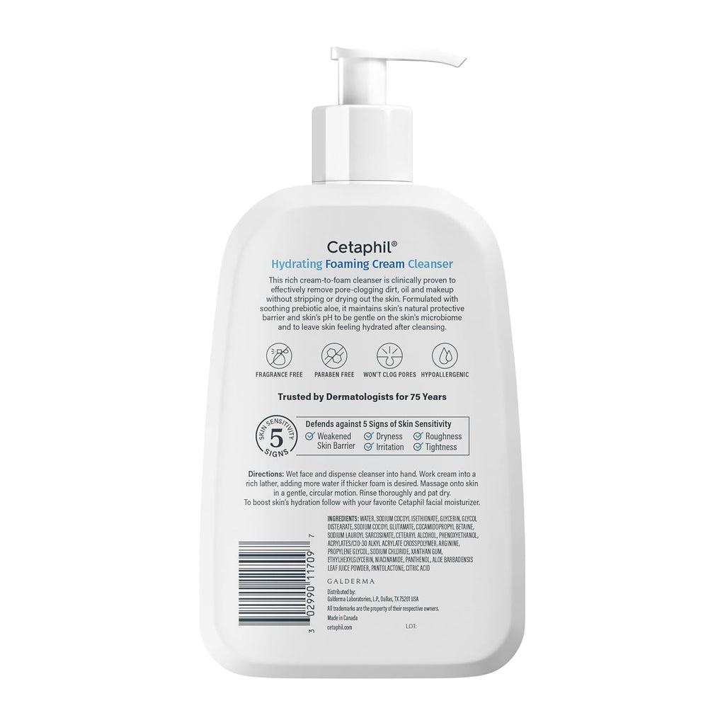 Cetaphil Cream to Foam Face Wash, Hydrating Foaming Cream Cleanser, 16 oz, For Normal to Dry, Sensitive Skin, with Soothing Prebiotic Aloe, Hypoallergenic, Fragrance Free