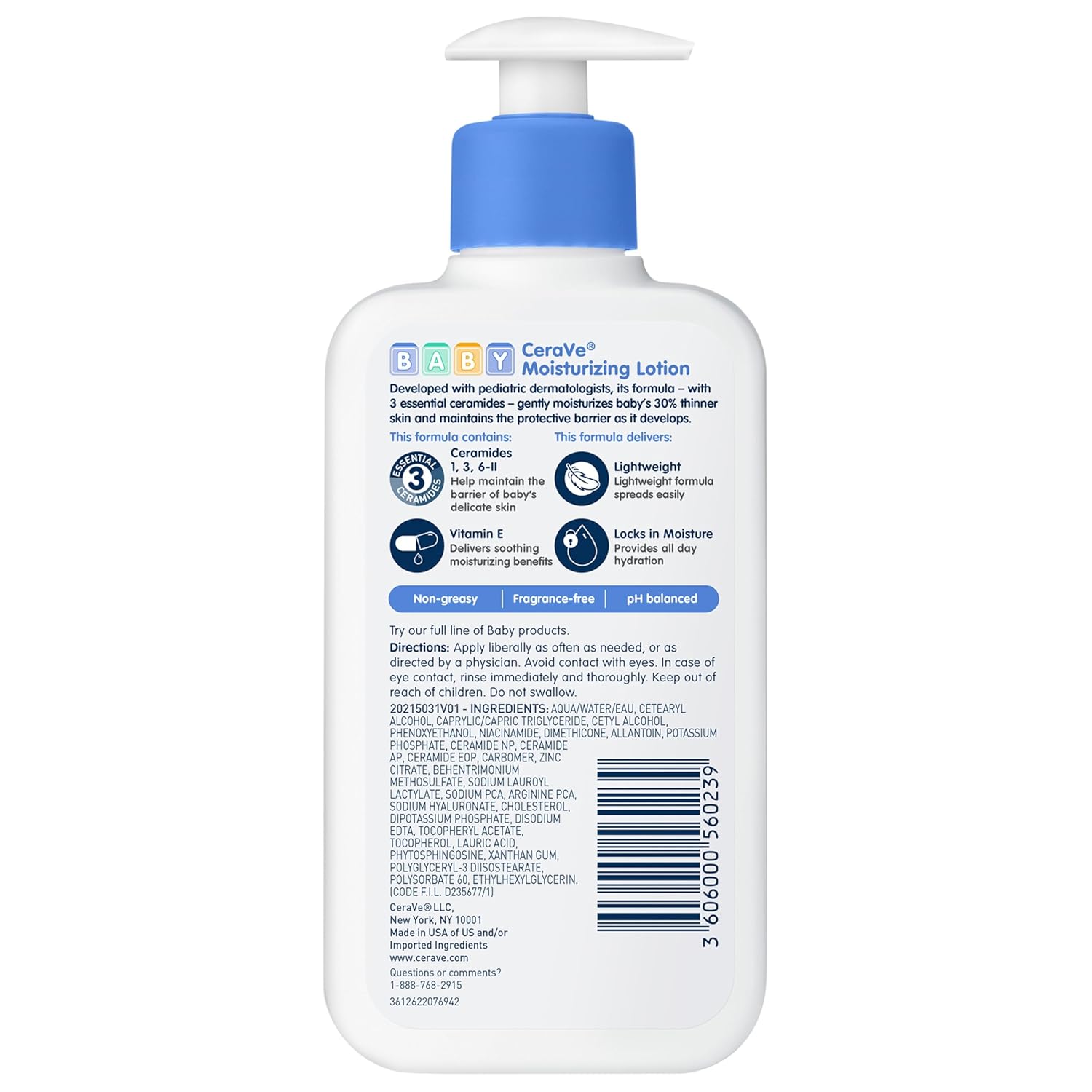 CeraVe Baby Lotion, Gentle Baby Skin Care with Ceramides, Niacinamide & Vitamin E, Fragrance, Paraben, Dye & Phthalates Free, Lightweight Moisturizer, 8 Ounce, Packaging May Vary