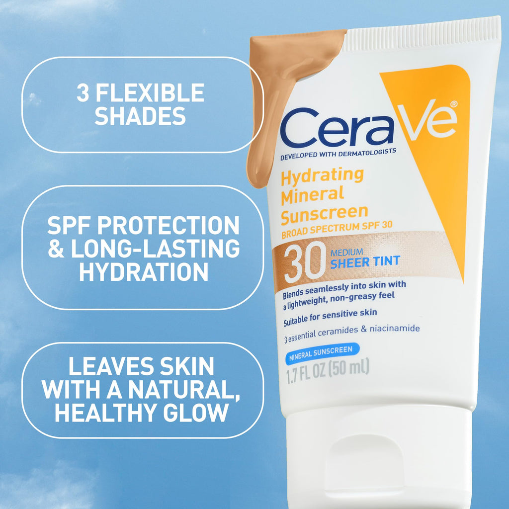 CeraVe Hydrating Mineral Sunscreen SPF 30 with Sheer Tint, Tinted Mineral Sunscreen