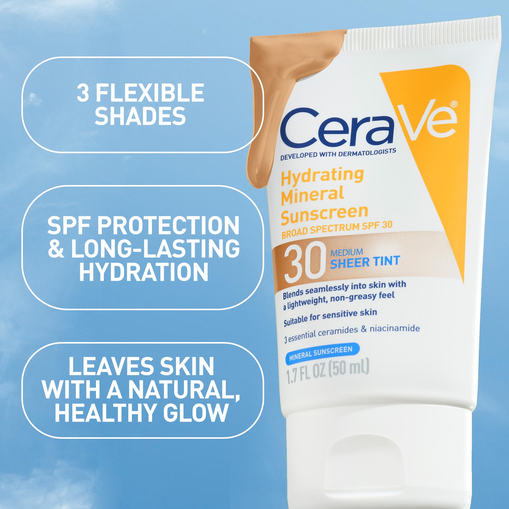 CeraVe Hydrating Mineral Sunscreen SPF 30 with Sheer Tint, Tinted Mineral Sunscreen