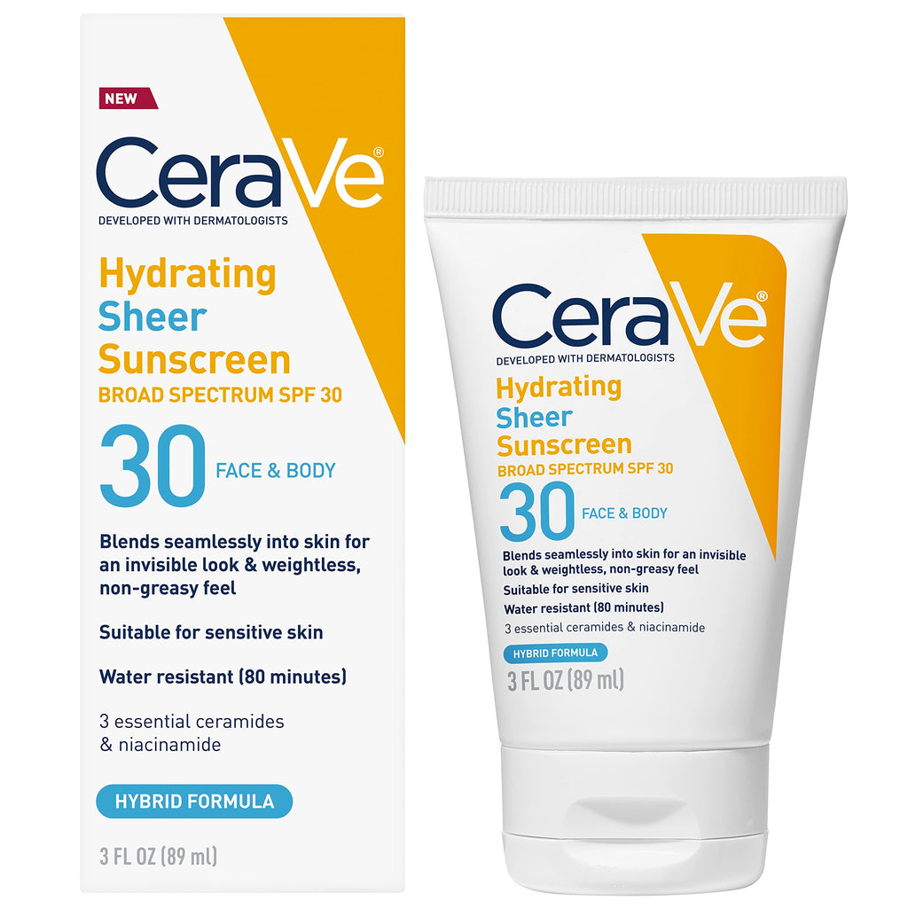 CeraVe Hydrating Sheer Sunscreen with SPF 30 for Face and Body, Mineral & Chemical Sunscreen for Men & Women with Zinc Oxide, Hyaluronic Acid and Ceramides, Paraben-Free + Fragrance-Free, 5 Ounces