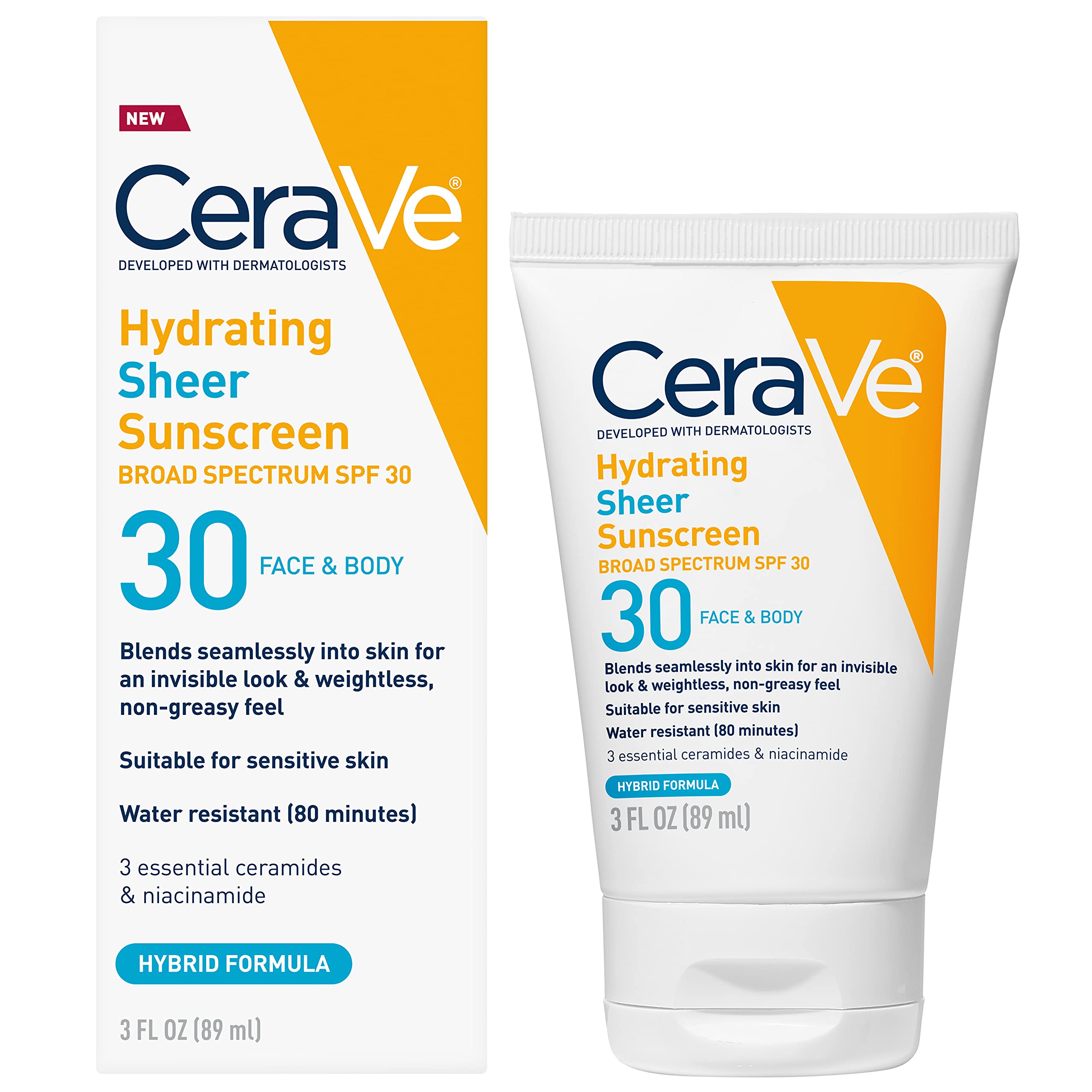 CeraVe Hydrating Sheer Sunscreen with SPF 30 for Face and Body, Mineral & Chemical Sunscreen for Men & Women with Zinc Oxide, Hyaluronic Acid and Ceramides, Paraben-Free + Fragrance-Free, 5 Ounces