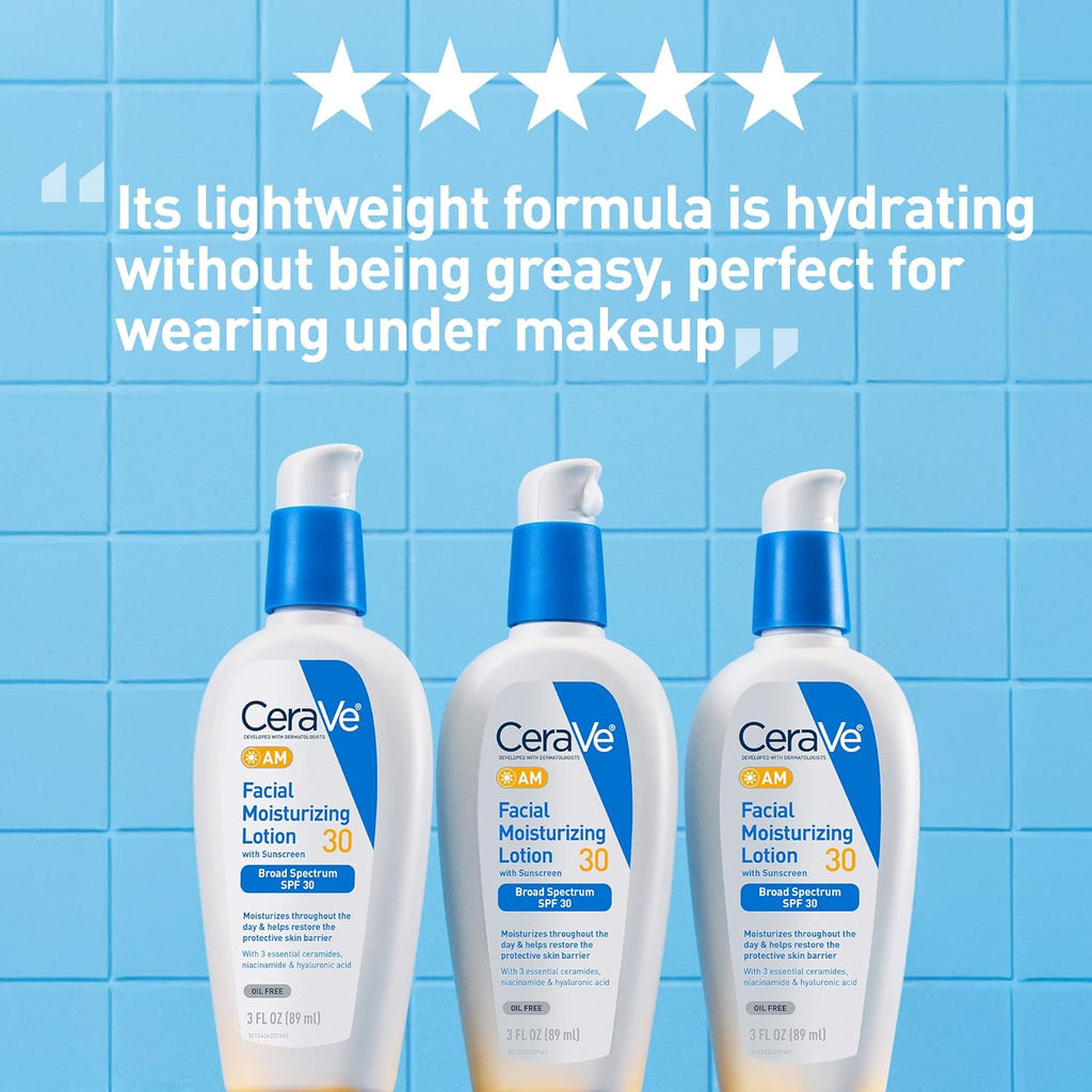 CeraVe AM Facial Moisturizing Lotion with SPF 30, Oil-Free Face Moisturizer with SPF, Formulated with Hyaluronic Acid, Niacinamide & Ceramides, Non-Comedogenic, Broad Spectrum Sunscreen, 3 Ounce