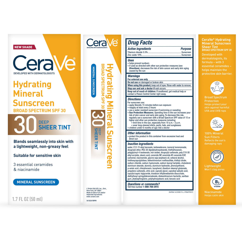 CeraVe Hydrating Mineral Sunscreen SPF 30 with Sheer Tint, Tinted Mineral Sunscreen
