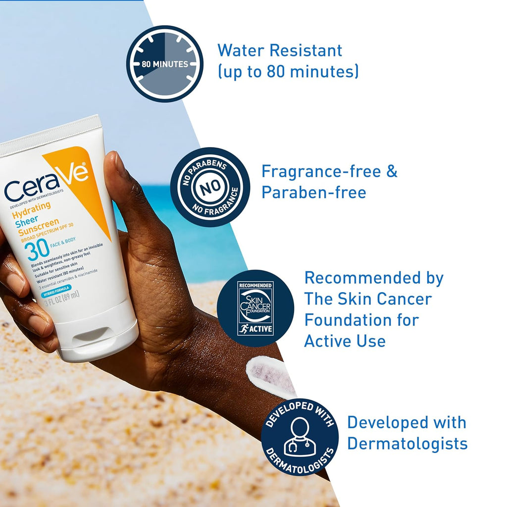 CeraVe Hydrating Sheer Sunscreen with SPF 30 for Face and Body, Mineral & Chemical Sunscreen for Men & Women with Zinc Oxide, Hyaluronic Acid and Ceramides, Paraben-Free + Fragrance-Free, 5 Ounces