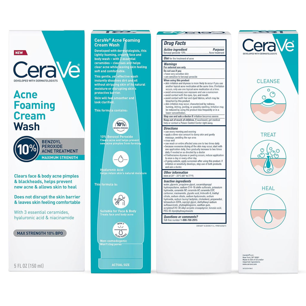 CeraVe Acne Foaming Cream Wash, Gentle Face and Body Cleanser with Benzoyl Peroxide 10%, Hyaluronic Acid, and Niacinamide, 10% Benzoyl Peroxide Treatment Clears Pimples and Blackheads 5 Oz