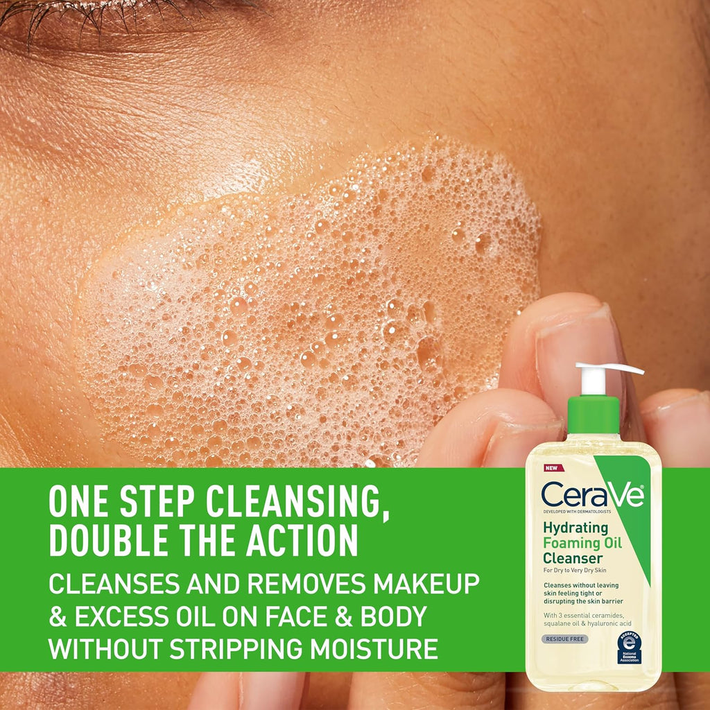 CeraVe Hydrating Foaming Oil Cleanser, Moisturizing Oil Cleanser for Face & Body, Squalane Oil + Hyaluronic Acid + Ceramides, For Dry to Very Dry Skin, Fragrance Free & Residue Free, 19 FL Oz